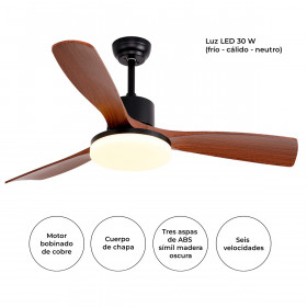 Ventilador de techo con luz LED 3 aspas simíl madera